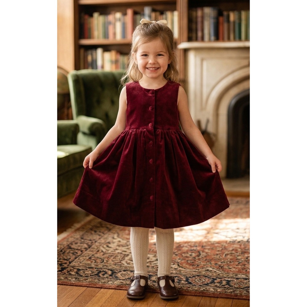 Vintage Jayne Copeland Velvet Button Front Dress Girls Red Cotton Size 5 USA 90s